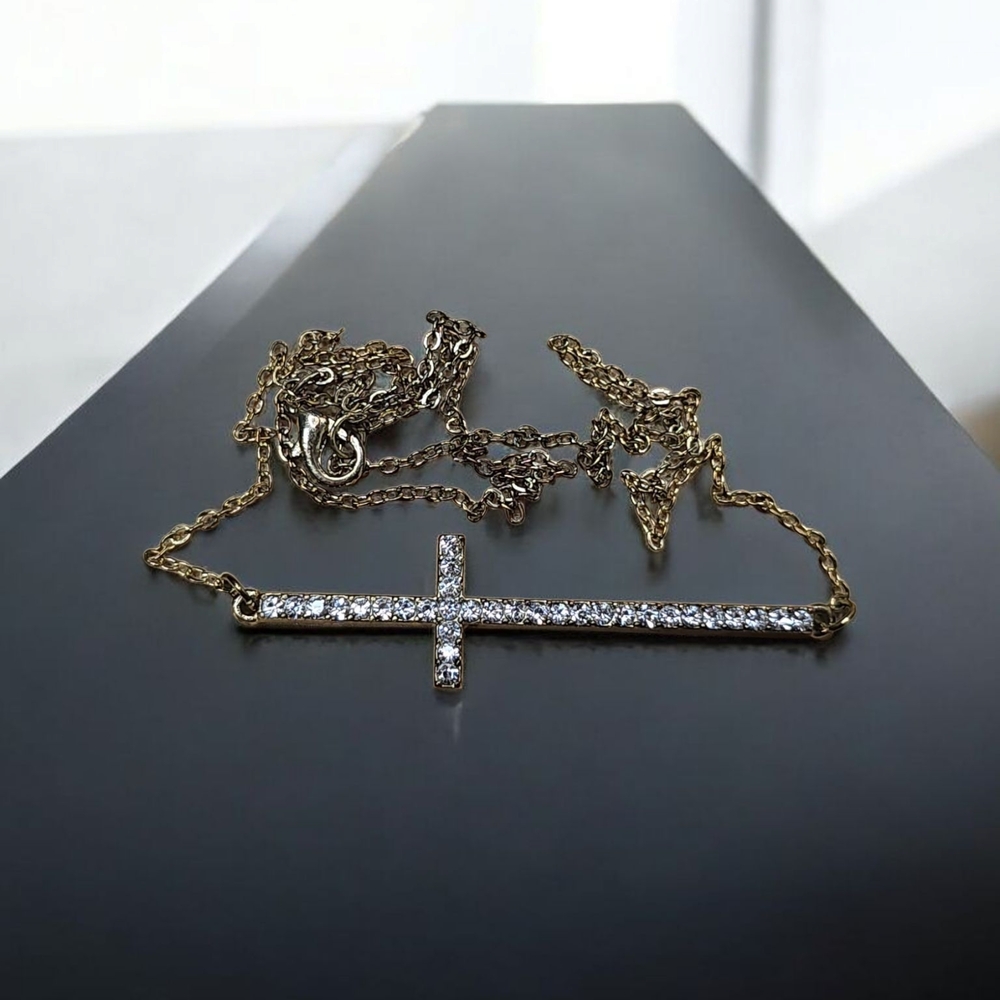 Gold and Silver Horizontal Cross Necklace with Sparkling Accents